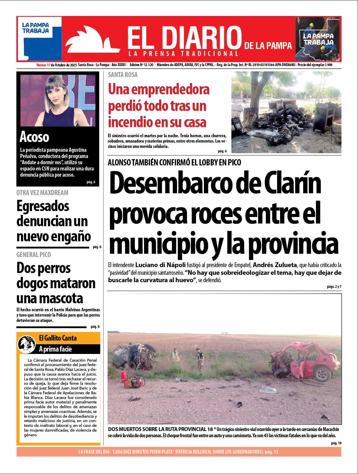 Tapa de El Diario en papel  viernes 17 de octubre de 2025